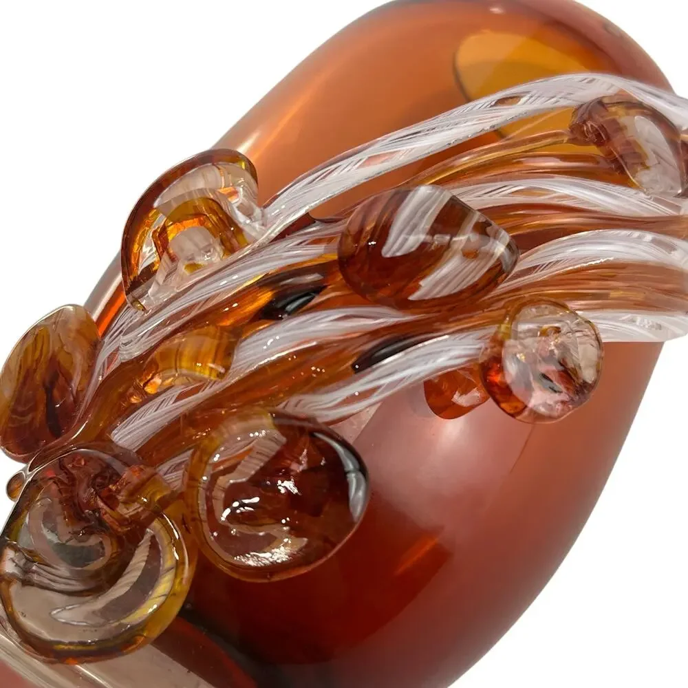 Studio Art Glass Vase Amber Swirl Applied Ribbon Abstract Signed vAB Modern 2018